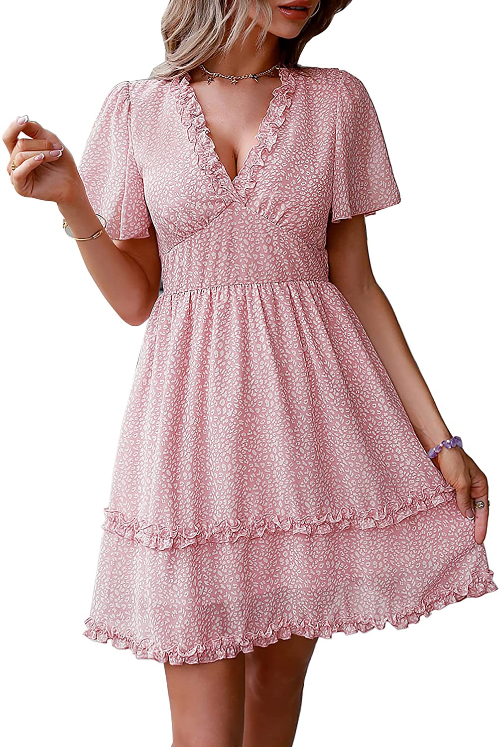 Women’s Summer Hot Short Sleeve V-Neck High Waist Floral Print Mini Boho Sun Dress with Button