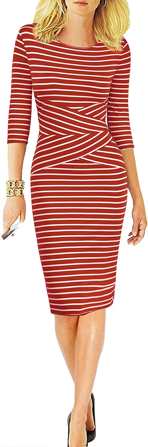 Women 3/4 Sleeve Striped Wear to Work Business Cocktail Pencil Dress