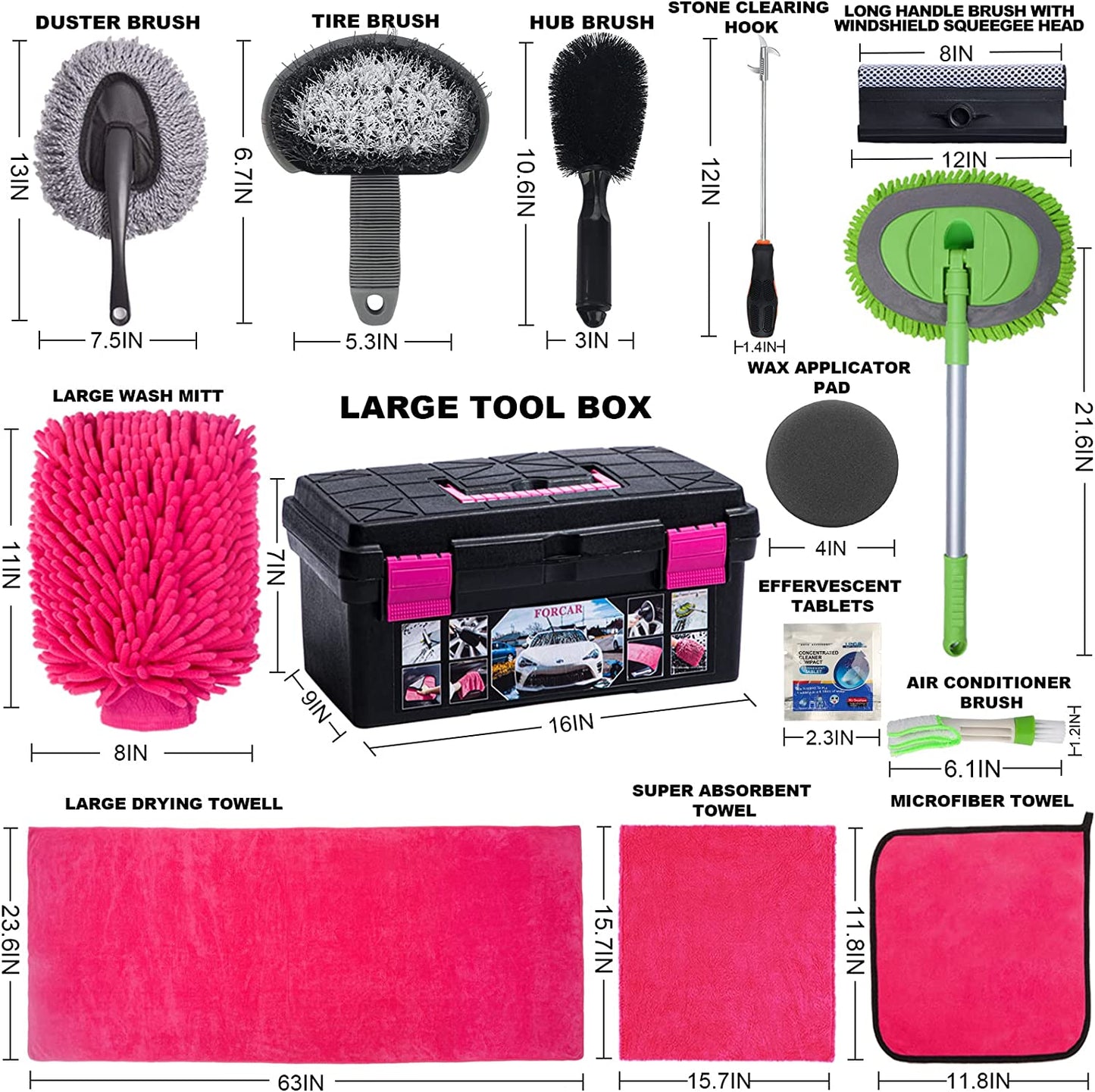 29Pcs Car Cleaning Kit Wash Tools Set with 41" Long Handle Brush Mop, Extendable Long Pole Window Water Scraper, Wash Mitt Large Towels, Storage Box for Interior and Exterior Detailing, Pink
