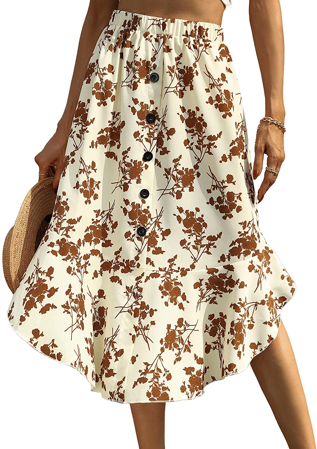 Women's Floral Print Button Front Ruffle Hem High Waist A Line Midi Skirts