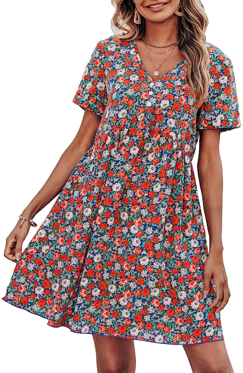 Summer Dress for Women Short Sleeve V Neck Ruffled Floral Swing A-Line Dresses
