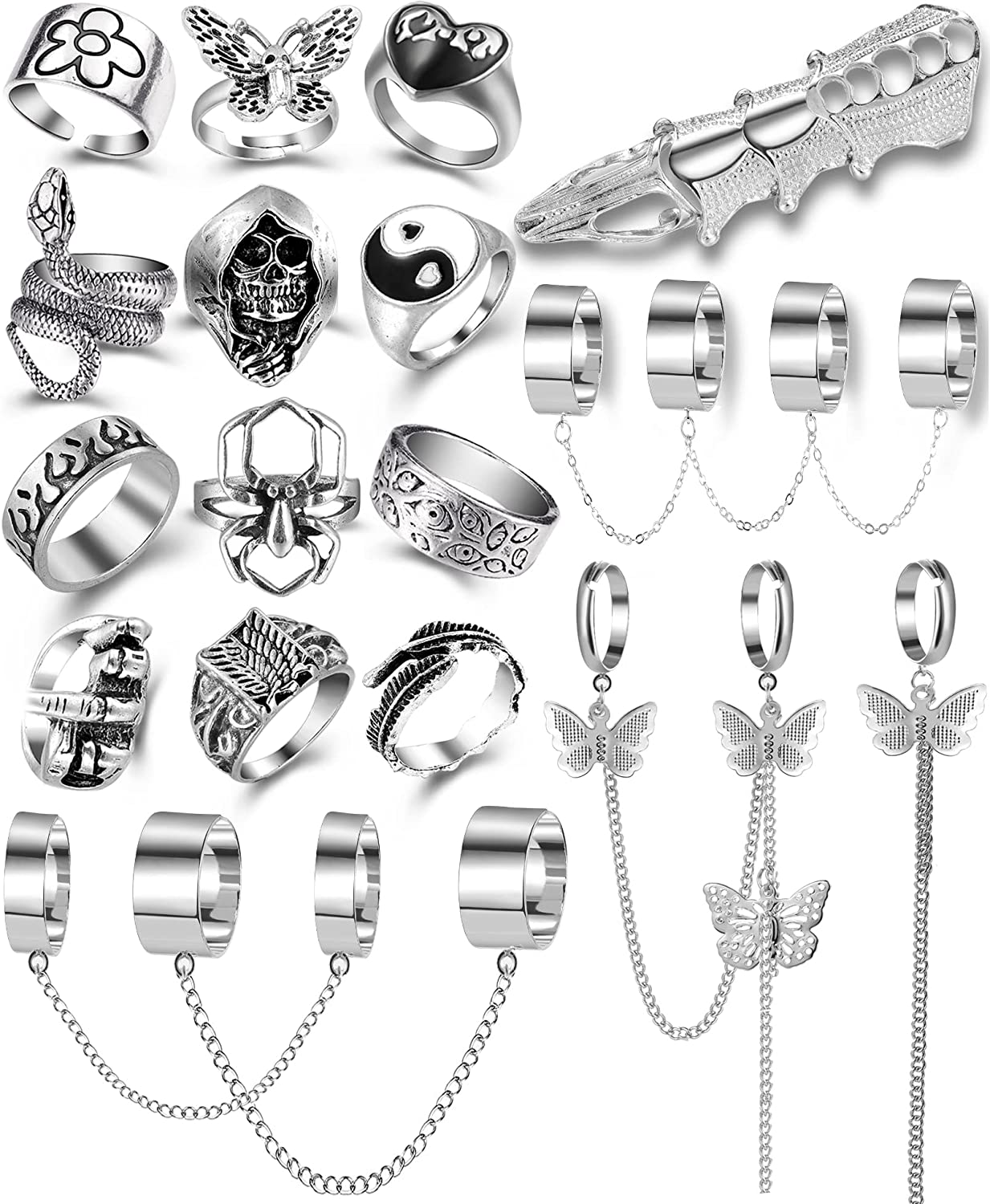 Vintage Silver Chain Punk Finger Rings for Men Women Girls,Cool Gothic Hip Pop Adjustable Full Four Open Rings,Statement Stackable Rings Set,Skull Snake Butterfly Flower Heart Eboy Emo Y2K Ring Set