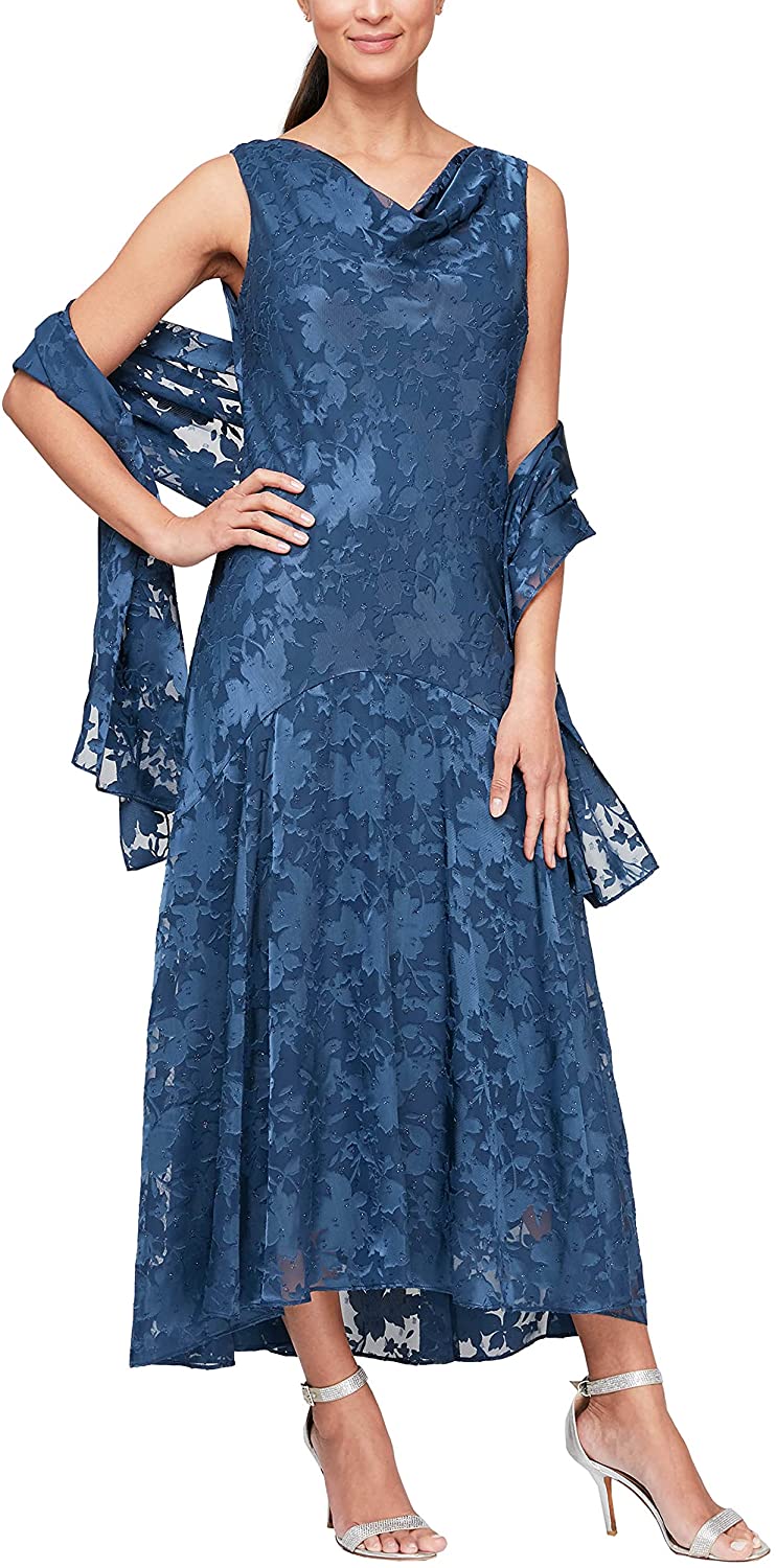 Evenings Women's Tea Length Printed Chiffon Dress with Shawl