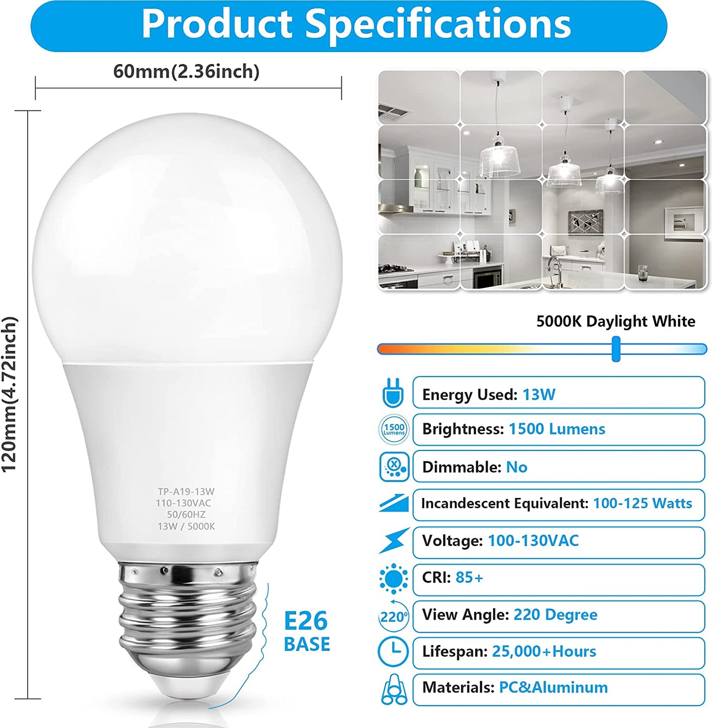 A19 LED Light Bulbs, 100 Watt Equivalent LED Bulbs, Daylight 5000K, 1500 Lumens, E26 Standard Base, Non-Dimmable, 13W Bright White LED Bulbs for Bedroom Living Room Home Office, 4-Pack