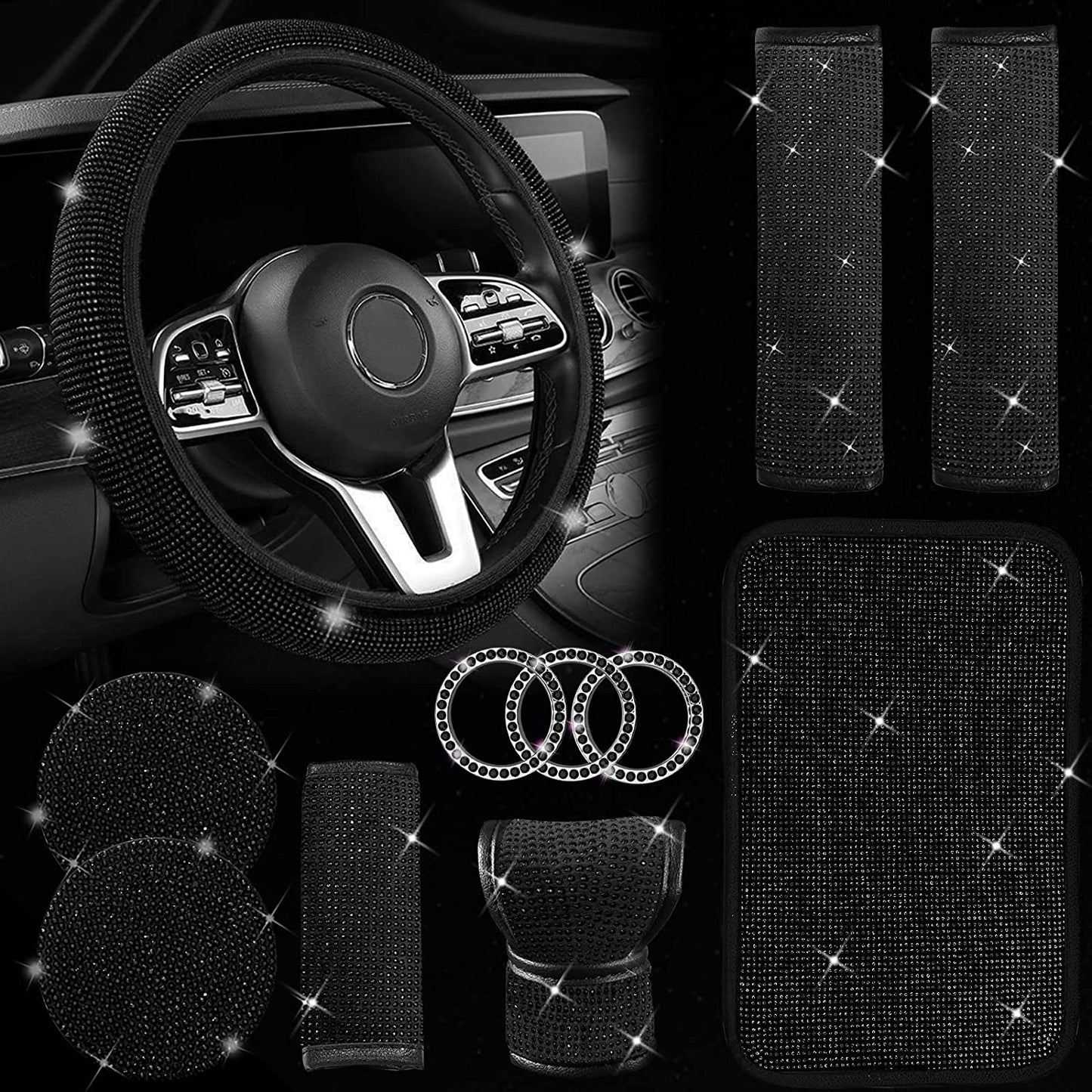 11 Pcs Bling Car Accessories Set,Bling Car Accessories Set for Women, Bling Steering Wheel Cover for Women Universal Fit 15 Inch, Rhinestone Center Console Cover (Pink)