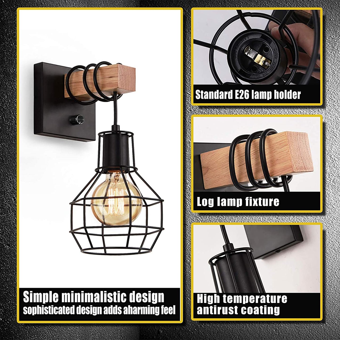 Lightess Black Wall Sconces with Dimmer ON/Off Switch, Vintage Cage Wall Mount Light Fixture Industrial Farmhouse Lighting for Living Room Kitchen, C71Y215
