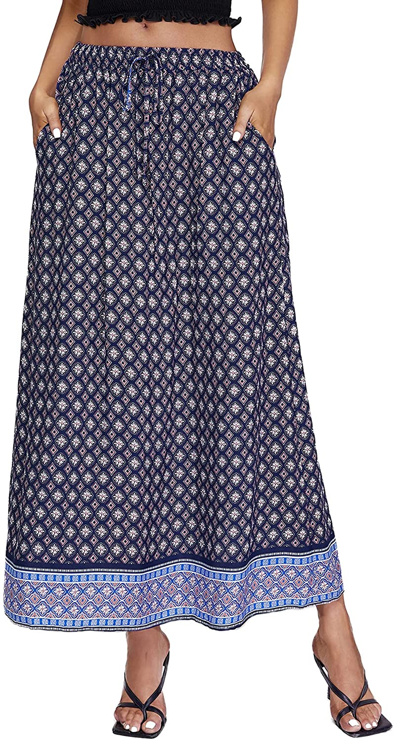 Women's Boho Vintage Print Pockets Side A Line Maxi Skirt
