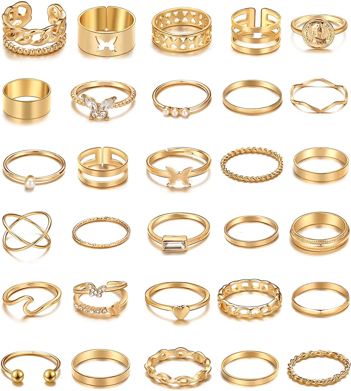 30 Pcs Vintage Gold Knuckle Rings Set, Boho Butterfly Snake Stackable Finger Rings for Women Girls, Silver Midi Rings Pack
