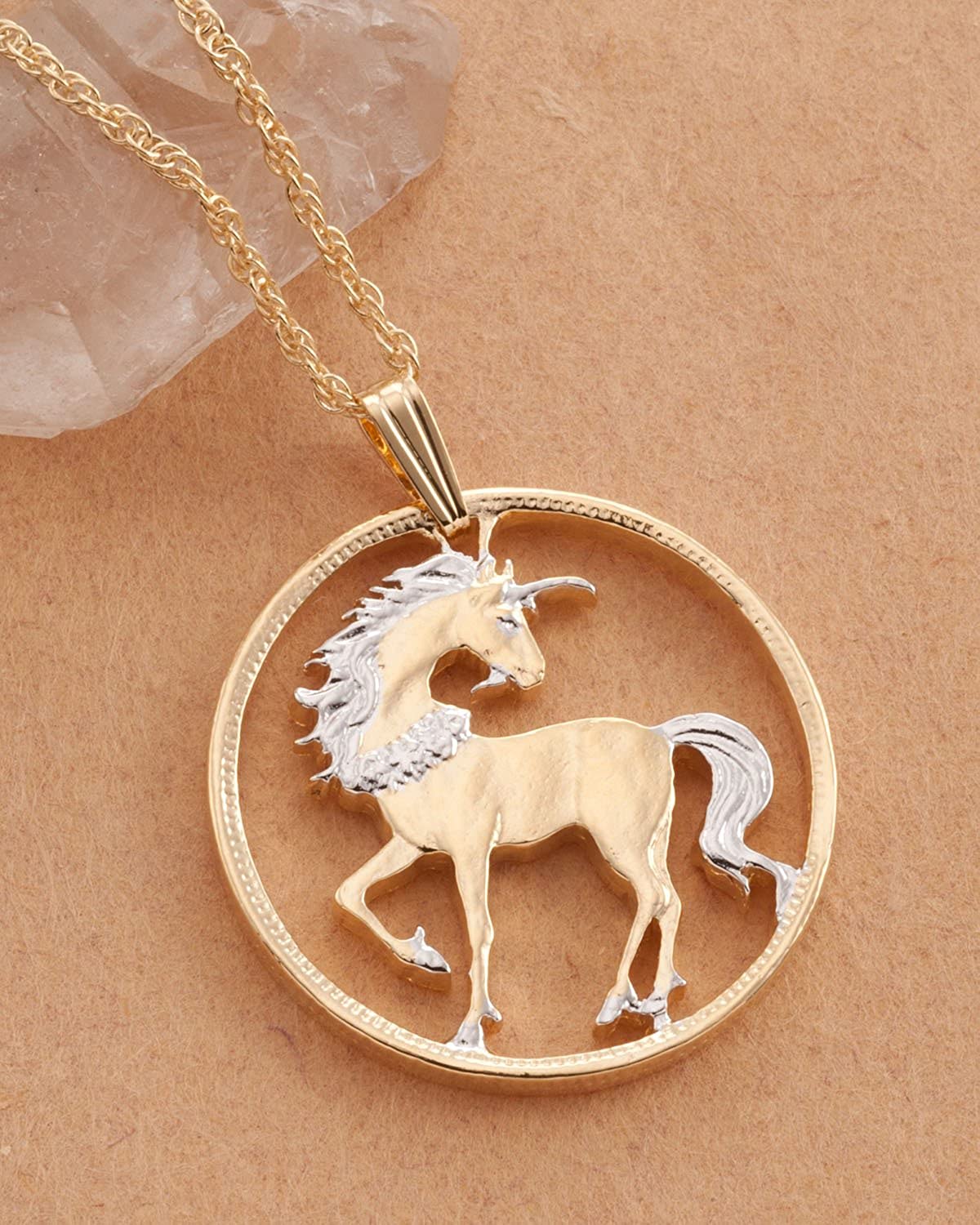Unicorn Pendant and Necklace, Chinese Coin Hand Cut, 14 Karat Gold and Rhodium Plated, 1