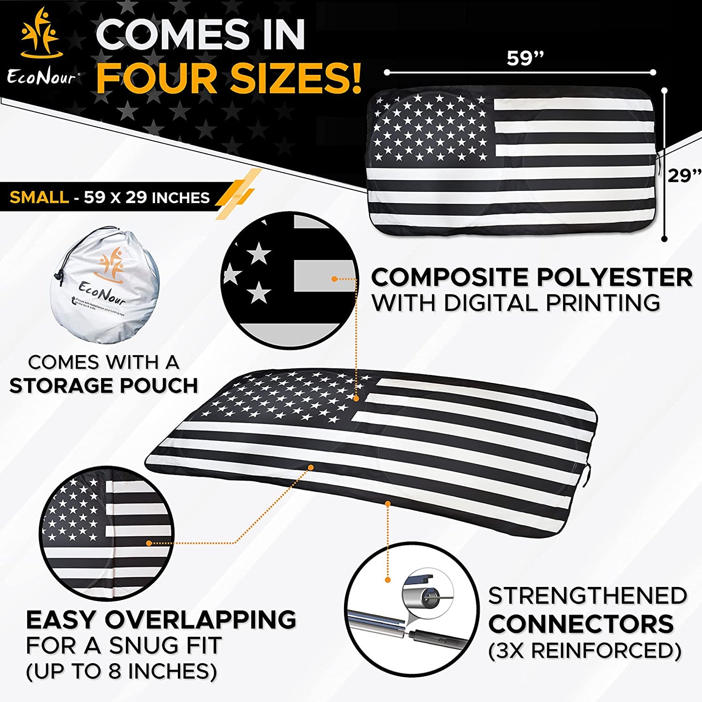 Black American Flag Patriotic Sun Shade Car Windshield for Truck & SUV | 240T Polyester Car Shade Front Windshield | 99% UV & Interior Protection Window Sun Blocker | Small 59 x 29 inches