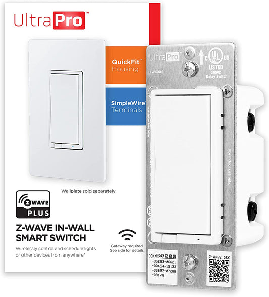 UltraPro Z-Wave Smart Rocker Light Switch with QuickFit and SimpleWire, 3-Way Ready, Compatible with Alexa, Google Assistant, ZWave Hub Required, Repeater/Range Extender, White Paddle Only, 39348