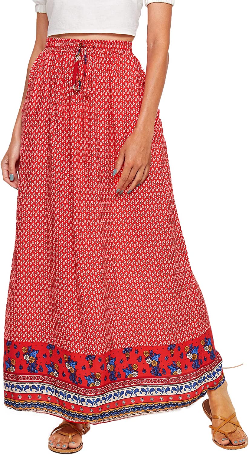 Women's Boho Vintage Print Pockets Side A Line Maxi Skirt