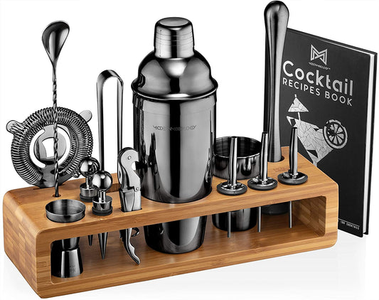 Bartender Kit: 23-Piece Bar Set Cocktail Shaker Set with Stylish Bamboo Stand | Perfect for Home Bar Tools Bartender Tool Kit and Martini Cocktail Shaker for Awesome Drink Mixing (Black)