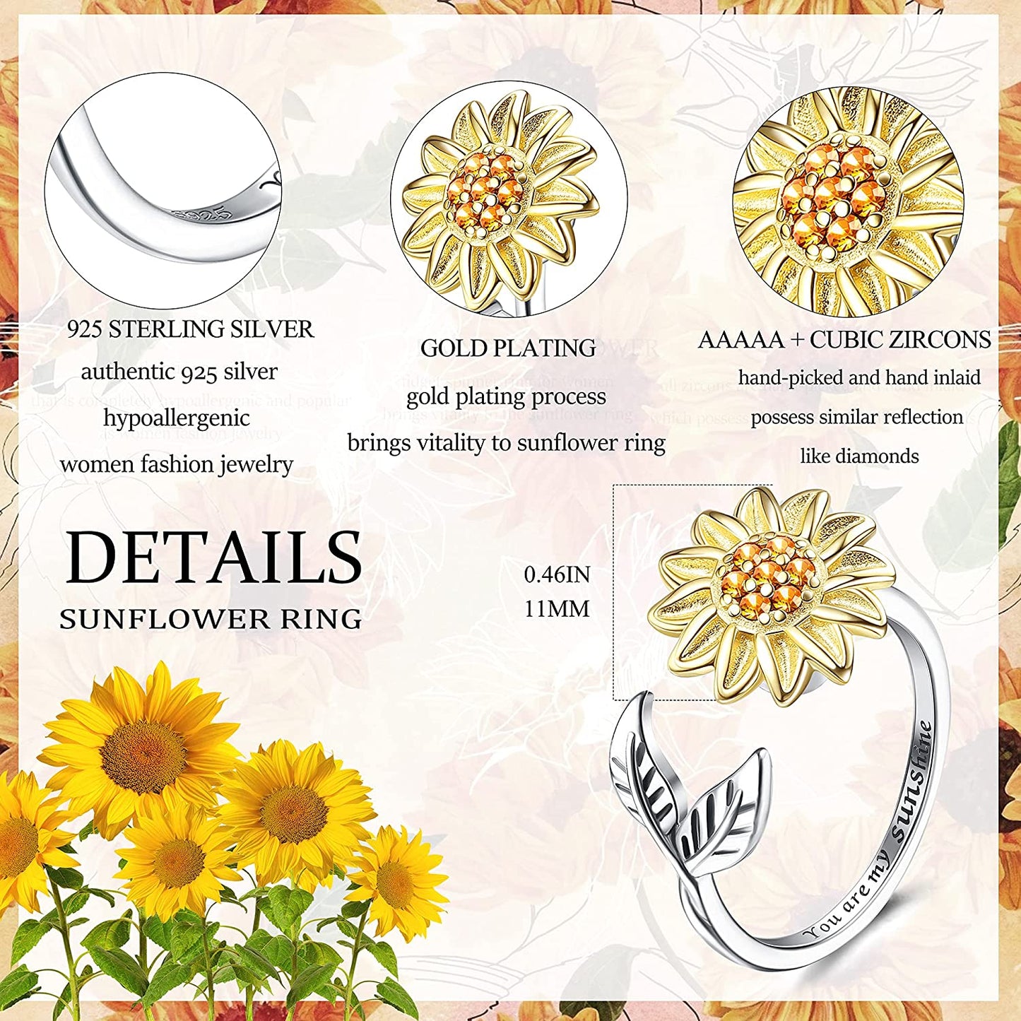 Jewenova Sterling Silver Fidget Ring for Women Sunflower Spinner Ring You are My Sunshine Ring Open Adjustable Ring CZ Ring Heart Star Daisy Stress Relieving Ring Christmas Jewelry Gift Women Girl