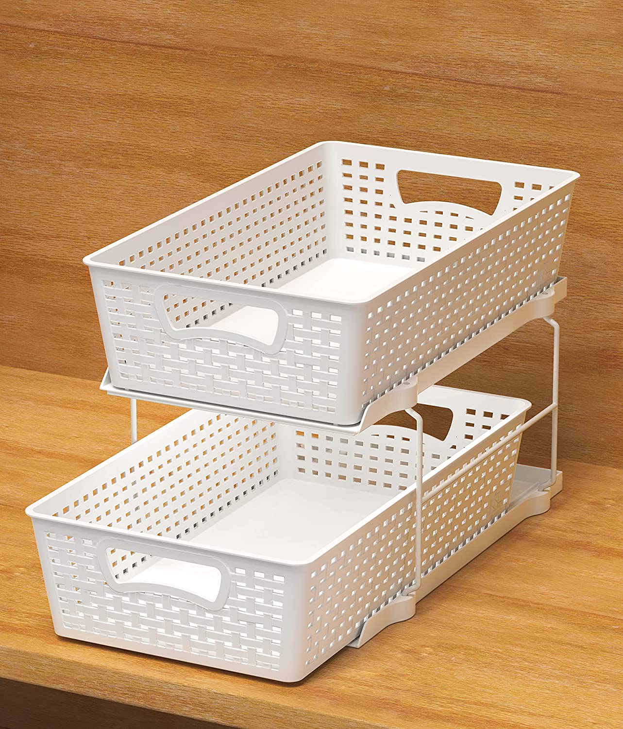 SimpleHouseware 2 Tier Bathroom Organizer Tray Pull-Out Sliding Drawer/Under-Sink Storage, White