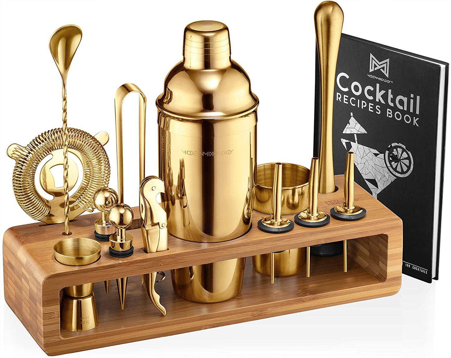 Bartender Kit: 23-Piece Bar Set Cocktail Shaker Set with Stylish Bamboo Stand | Perfect for Home Bar Tools Bartender Tool Kit and Martini Cocktail Shaker for Awesome Drink Mixing (Black)