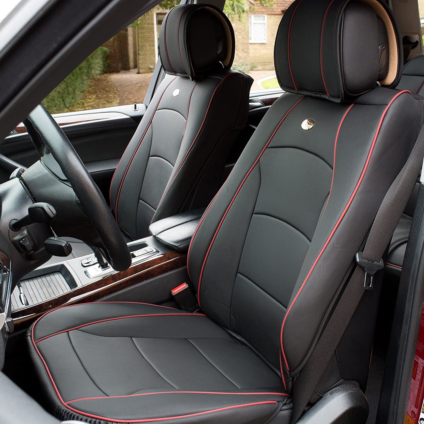 Automotive Seat Cushions Black Red Trim Universal Fit Ultra Comfort Leatherette Front Set fits Most Cars, SUVs, and Trucks, Airbag Compatible FH Group PU205BLACKREDTRIM102