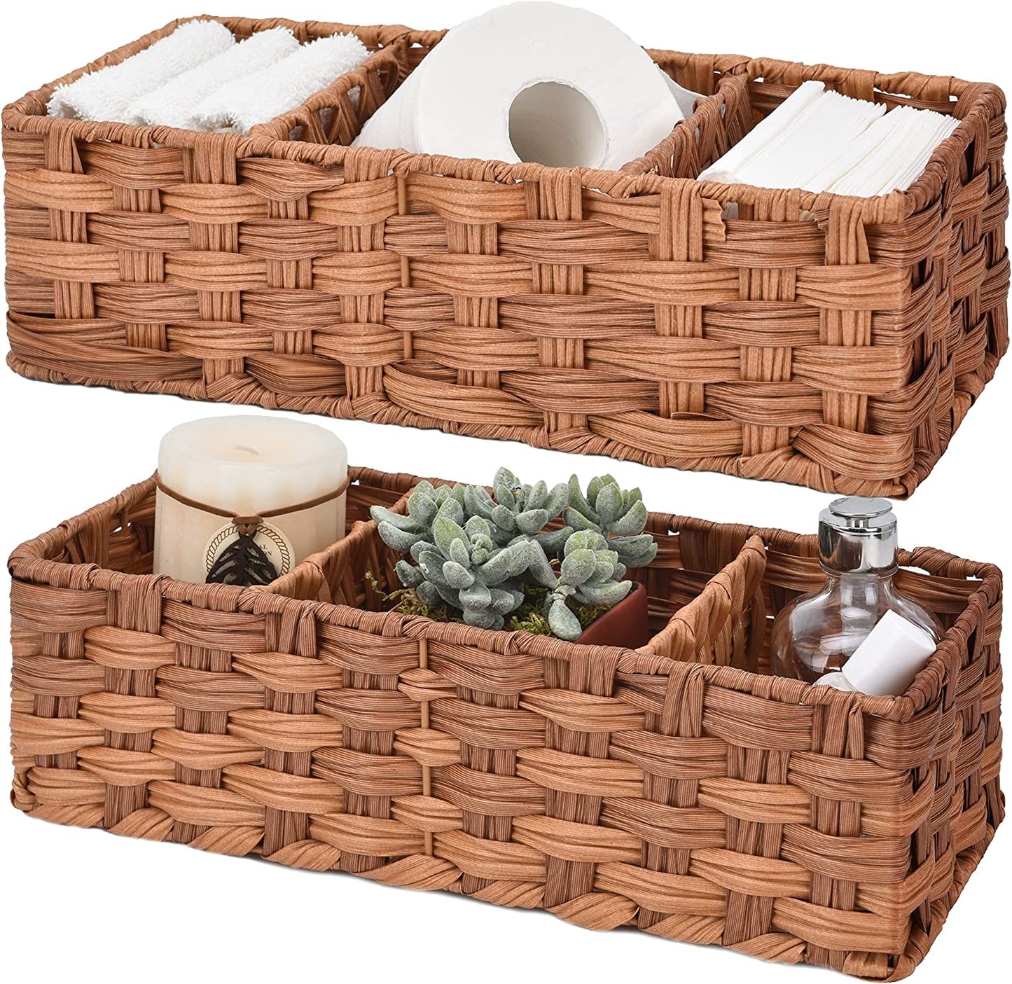 Bathroom Baskets for Organizing, Toilet Storage Basket Waterproof, Wicker Tank Basket with 2 Dividers, Brown, 2-Pack