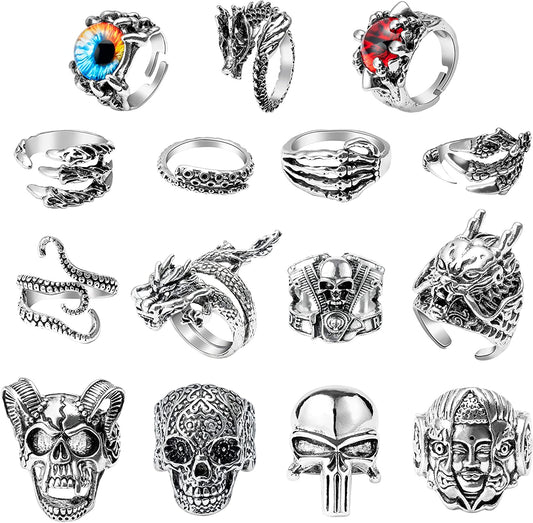 15Pcs Vintage Punk Rings Set, Gothic Alloy Biker Adjustable Rings, Skeleton Skull Evil Eye Chinese Dragon Claw Octopus Dragon Rings, Fashion Retro Black Silver Antique Jewelry
