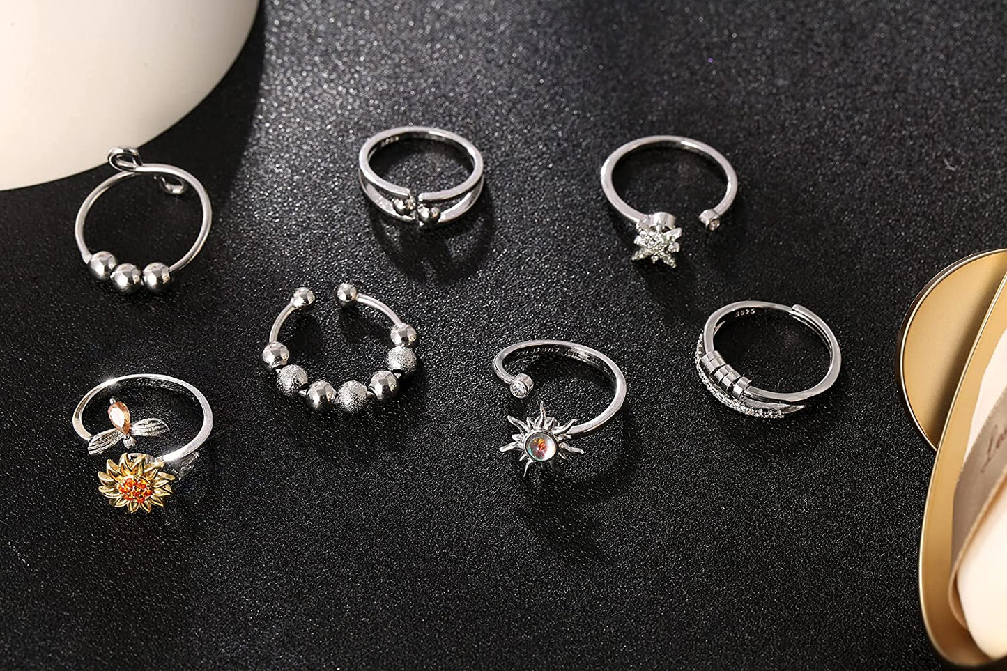 Adjustable Anxiety Ring for Women Fidget Rings for Anxiety Stress Relief for Teens with Cute Sunflower Bee Bead