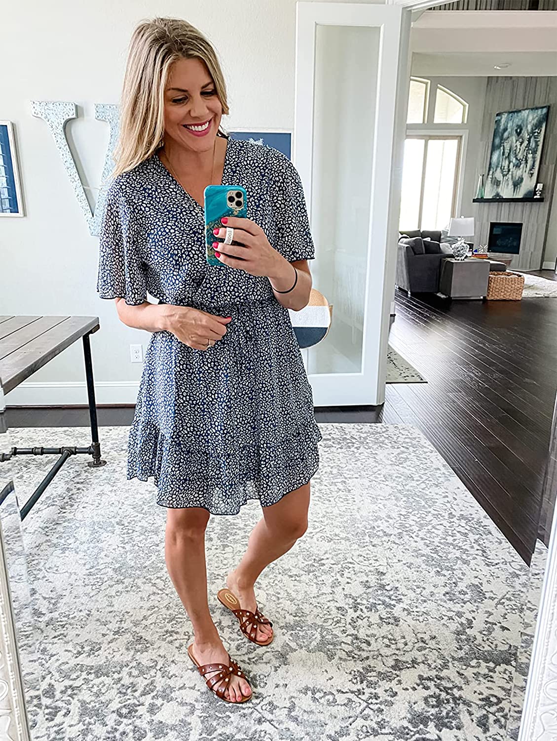 Women’s Summer Dress Short Sleeve Ruffle Leopard Print Sexy V Neck High Waist Short Flowy Mini Dress with Belt
