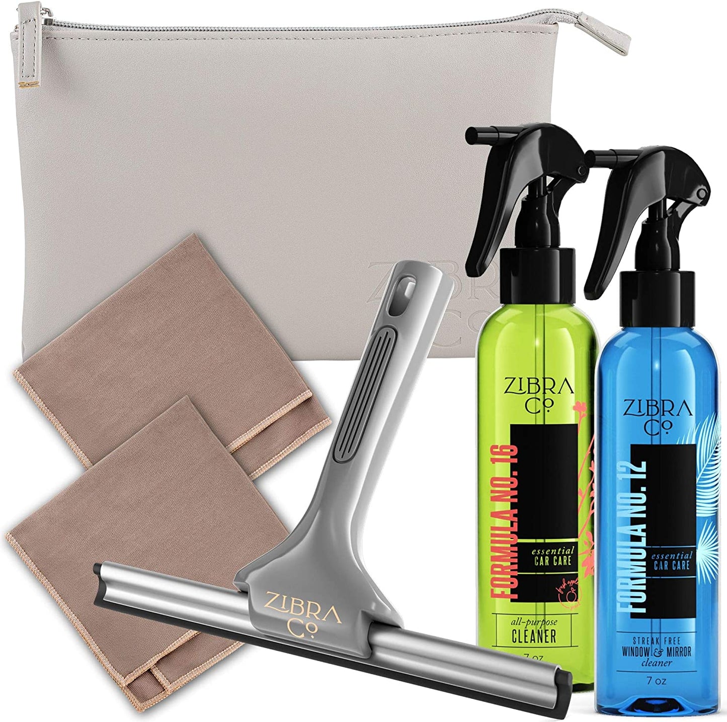 Car Cleaning Kit - All Purpose Cleaner Spray, Window Cleaner, Squeegee Scrubber, 2 Microfiber Glass Cleaner Cloth, Genuine Leather Pouch - Auto RV Accessories for Inside Surfaces, Glass, Windshield