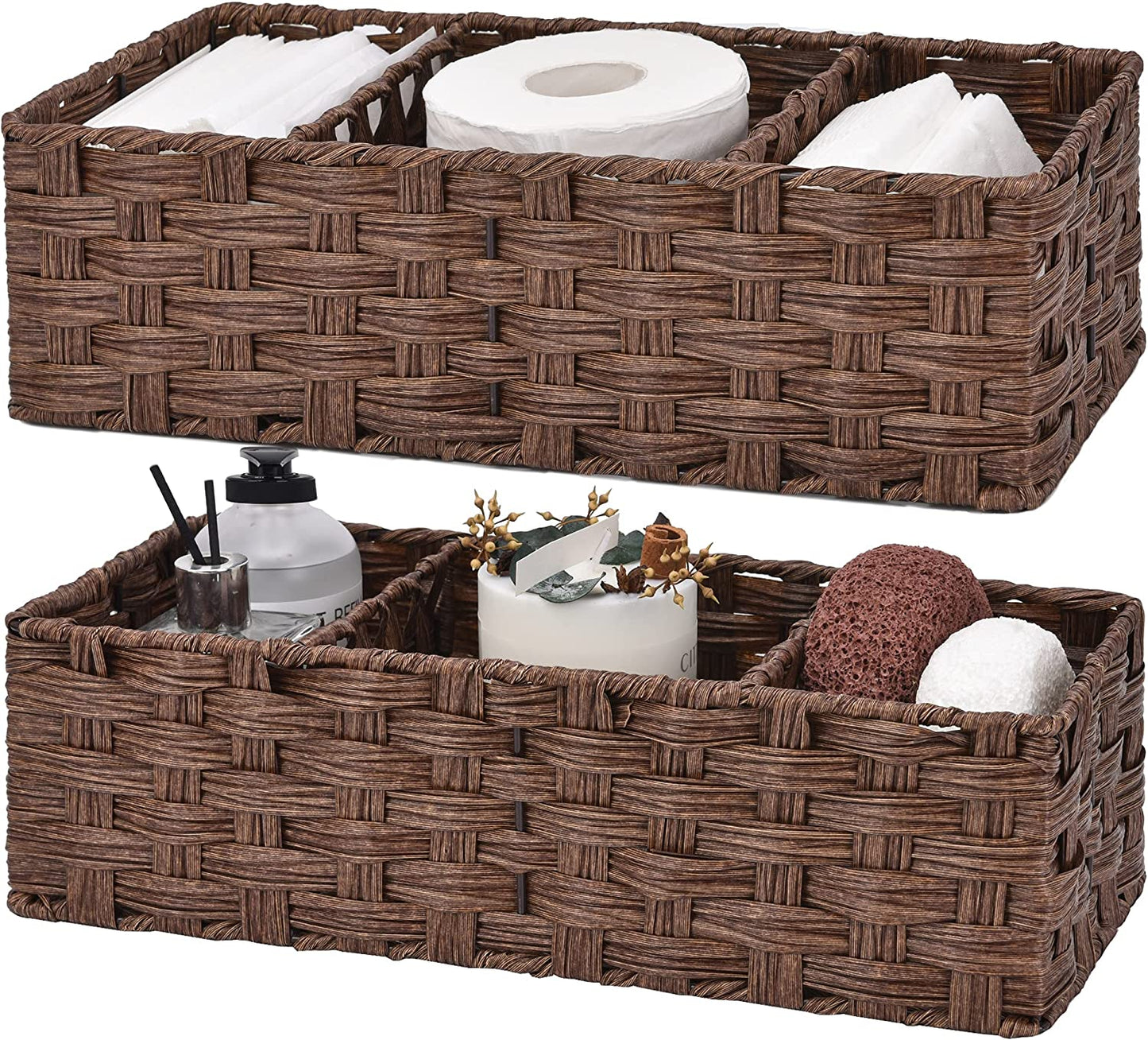 Bathroom Baskets for Organizing, Toilet Storage Basket Waterproof, Wicker Tank Basket with 2 Dividers, Brown, 2-Pack