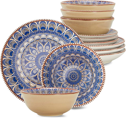 Porcelain Dinnerware Set,Ceramic Plates,Hand Painted in Bohemian Style,for Pasta,Salad,Maincourse,Microwave & Dishwasher Safe,Set of 12